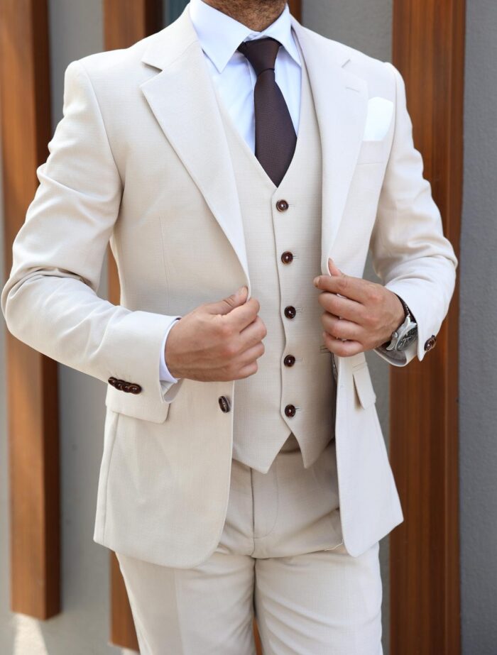 Manza Place SLIM FIT CREAM MEN’S THREE PIECE SUIT WITH NOTCH LAPELS