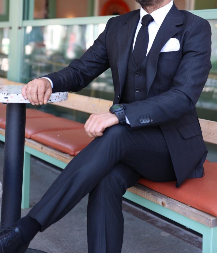 Corsham Street Slim fit herringbone black pinstripe men’s three piece suit with notch lapels