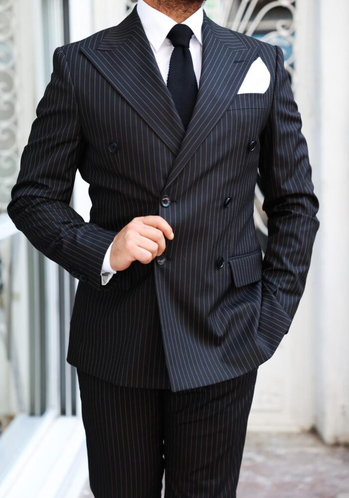 Nevern Road TAILORED SLIM FIT DARK BLACK PINSTRIPE DOUBLE BREASTED MEN’S SUIT