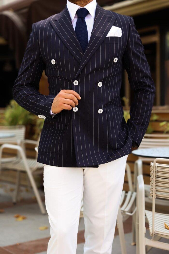 Gophir Lane Slim fit double breasted dark blue pinstriped with white trousers men’s suit with peak lapels