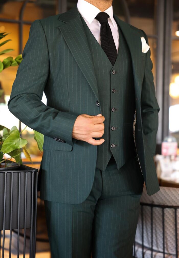 Byland Place FOREST GREEN SLIM FIT PINSTRIPED THREE PIECE MEN’S SUIT WITH NOTCH LAPELS