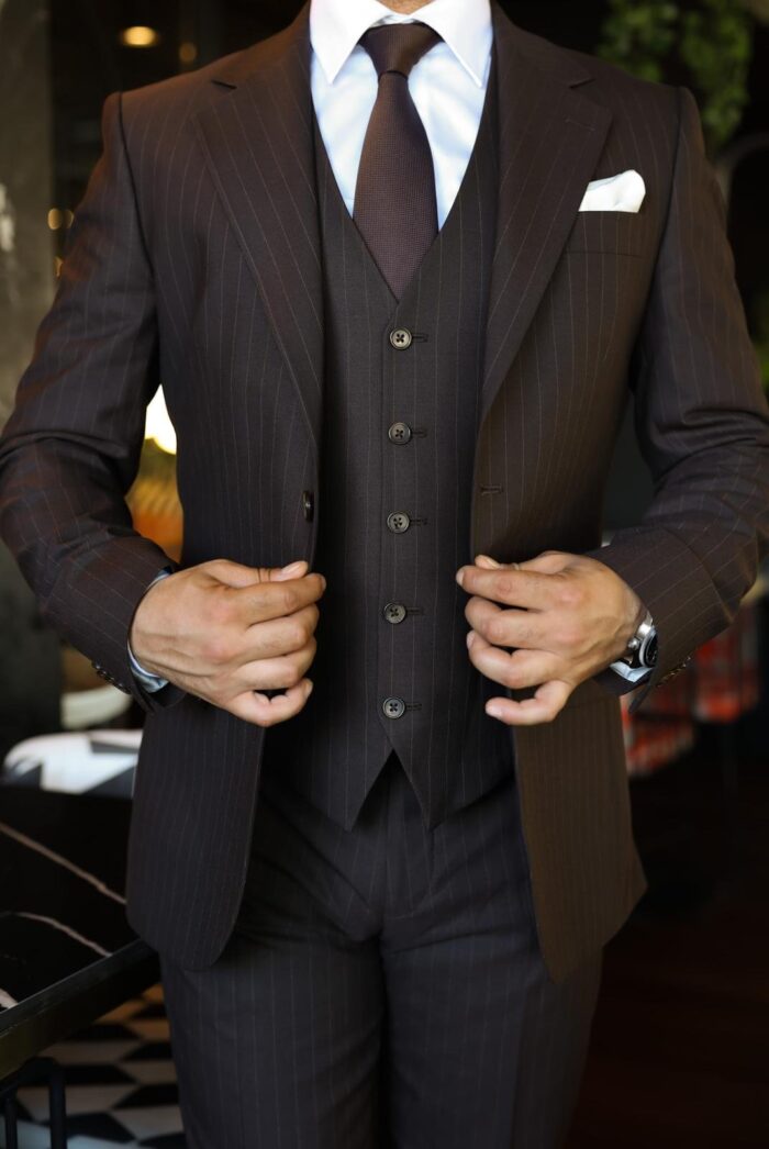 Wells Rise BROWN SLIM FIT PINSTRIPED THREE PIECE MEN’S SUIT WITH NOTCH LAPELS