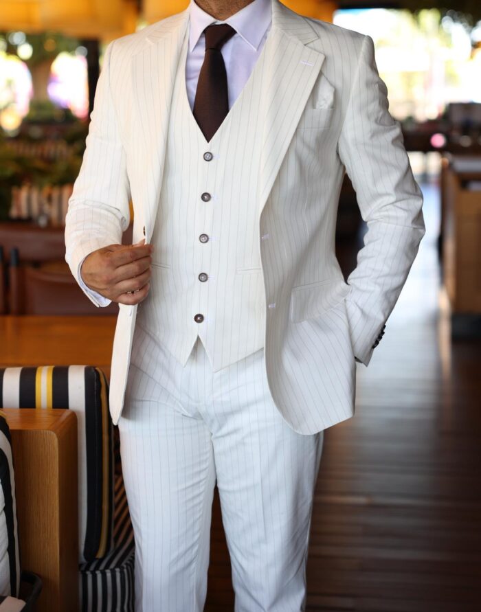 Paradise Street CREAM SLIM FIT PINSTRIPED THREE PIECE MEN’S SUIT WITH NOTCH LAPELS