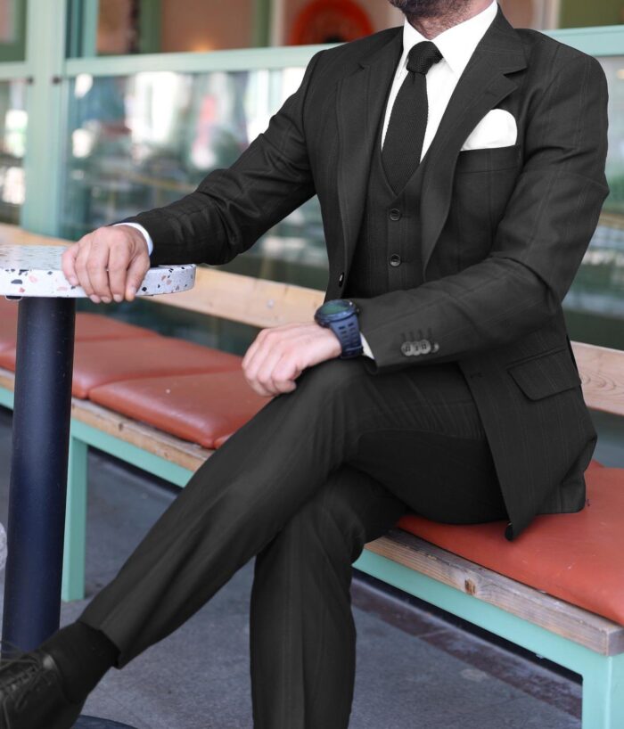 Corsham Street Slim fit herringbone black pinstripe men’s three piece suit with notch lapels