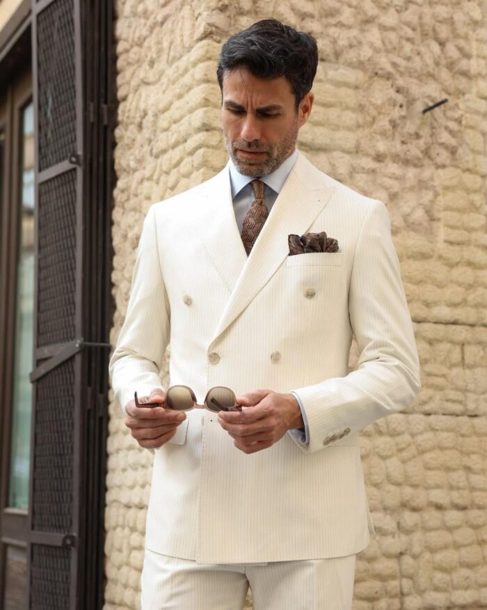 Creasy Street Tailored slim fit cream double breasted  pin striped men’s suit with peak lapels