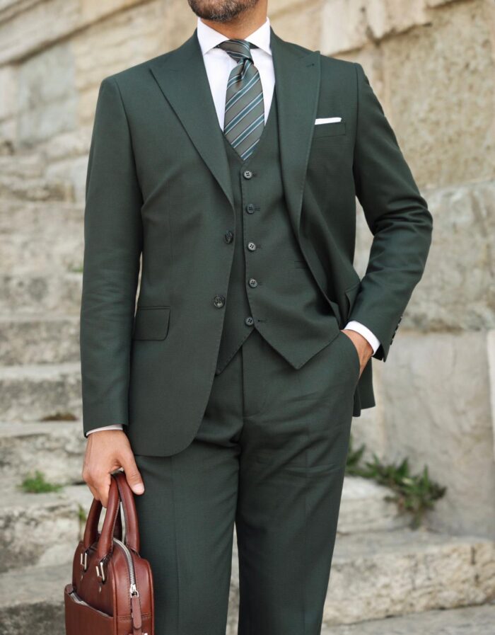 Ponder Street SLIM FIT PINE GREEN  MEN’S THREE PIECE SUIT WITH PEAK LAPELS