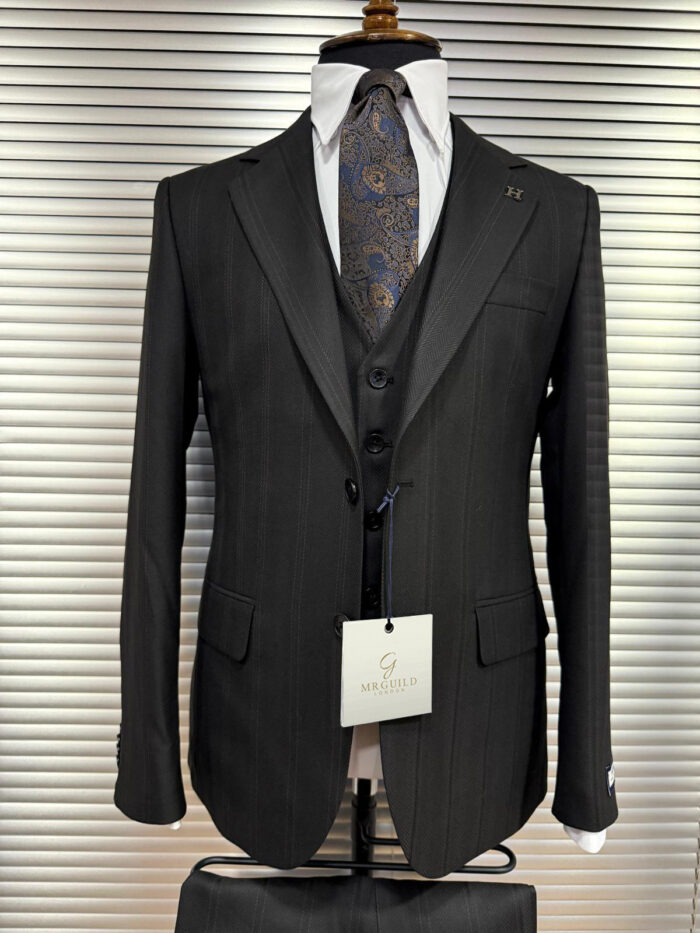 Corsham Street Slim fit herringbone black pinstripe men’s three piece suit with notch lapels
