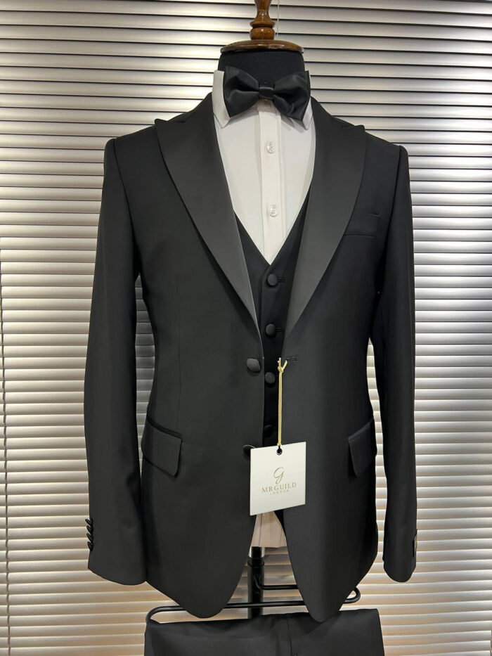 Guildford Place Tailored slim fit all black men’s tuxedo with satin peak lapels