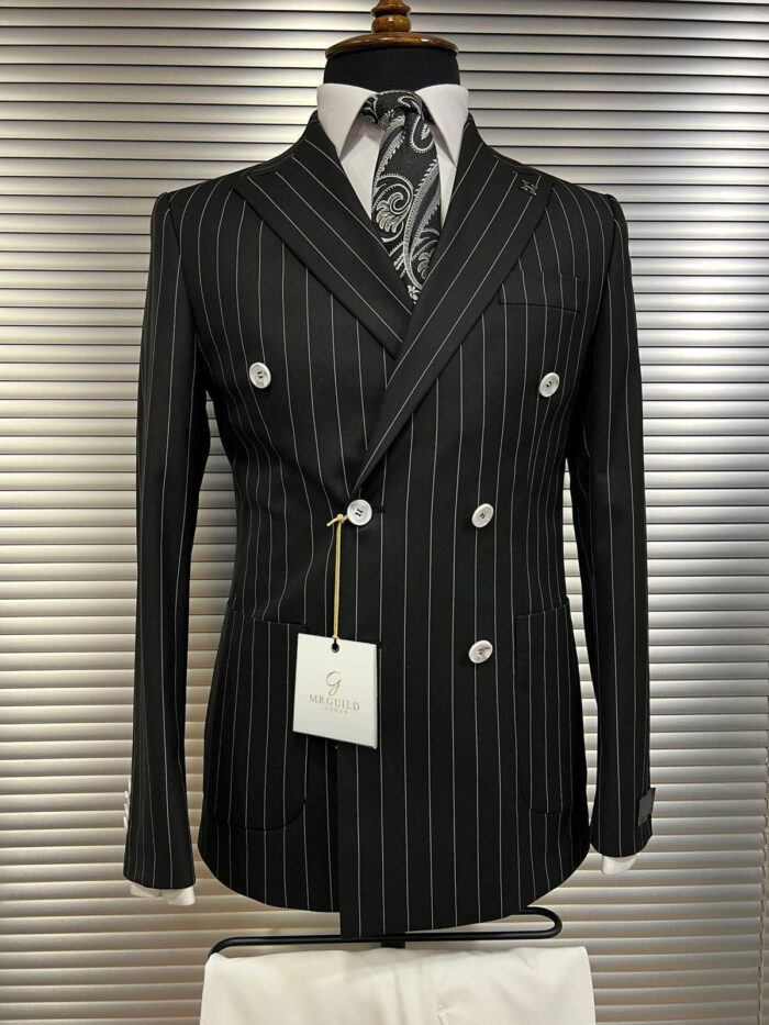 Rogate Road Slim fit double breasted black pinstriped with white trousers men’s suit with peak lapels