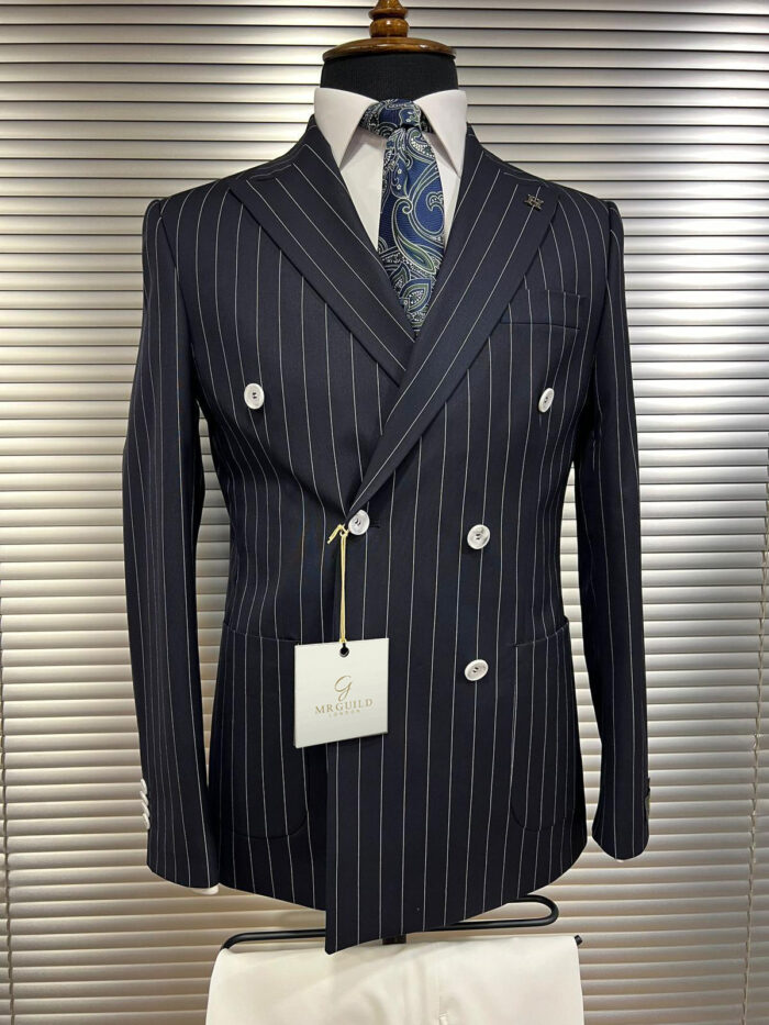 Gophir Lane Slim fit double breasted dark blue pinstriped with white trousers men’s suit with peak lapels