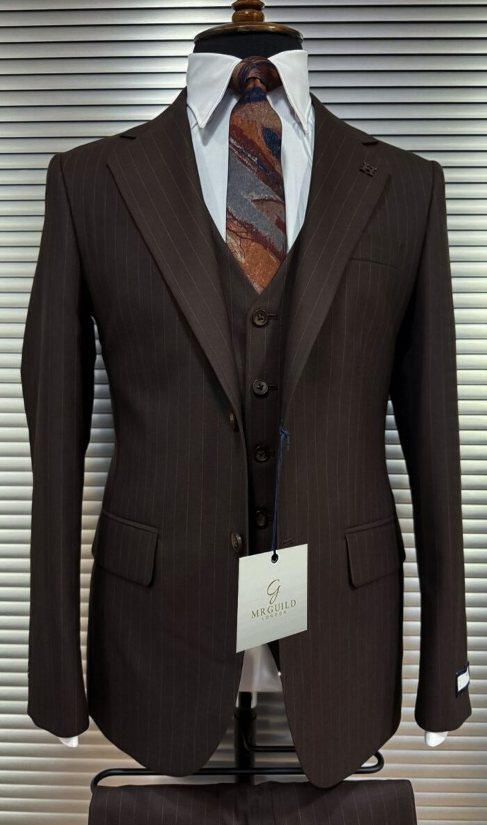 Wells Rise BROWN SLIM FIT PINSTRIPED THREE PIECE MEN’S SUIT WITH NOTCH LAPELS