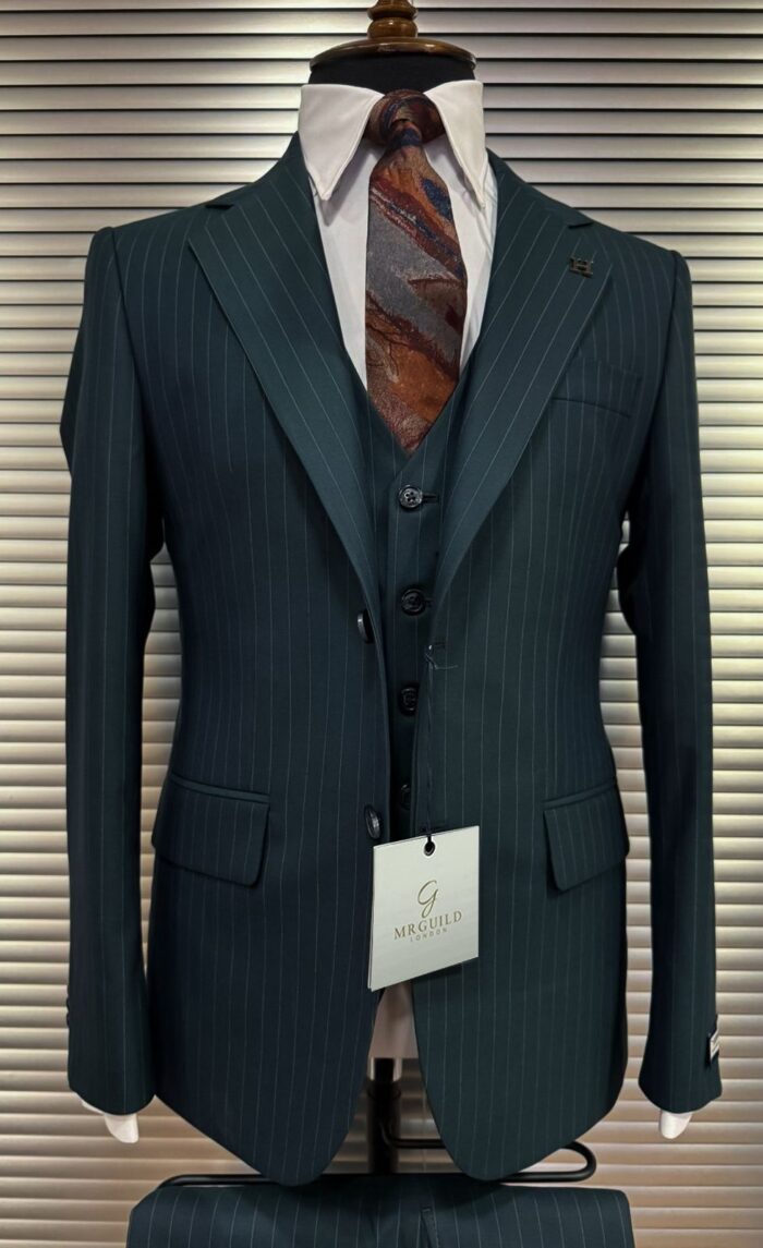 Byland Place FOREST GREEN SLIM FIT PINSTRIPED THREE PIECE MEN’S SUIT WITH NOTCH LAPELS