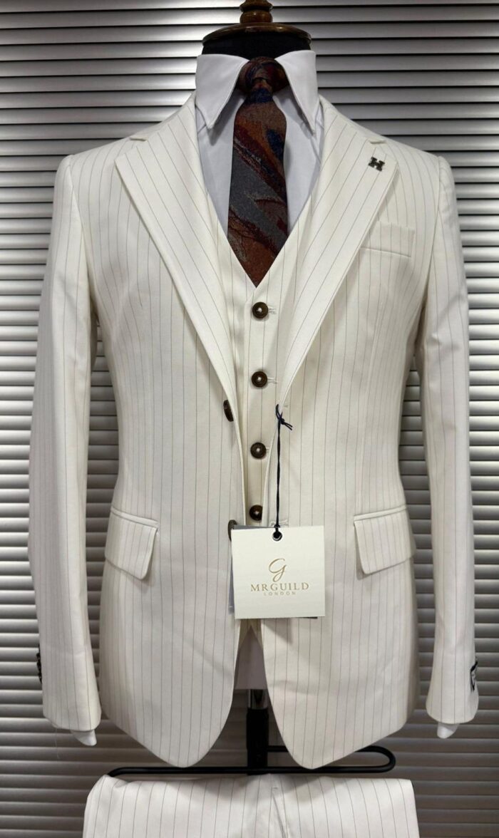 Paradise Street CREAM SLIM FIT PINSTRIPED THREE PIECE MEN’S SUIT WITH NOTCH LAPELS