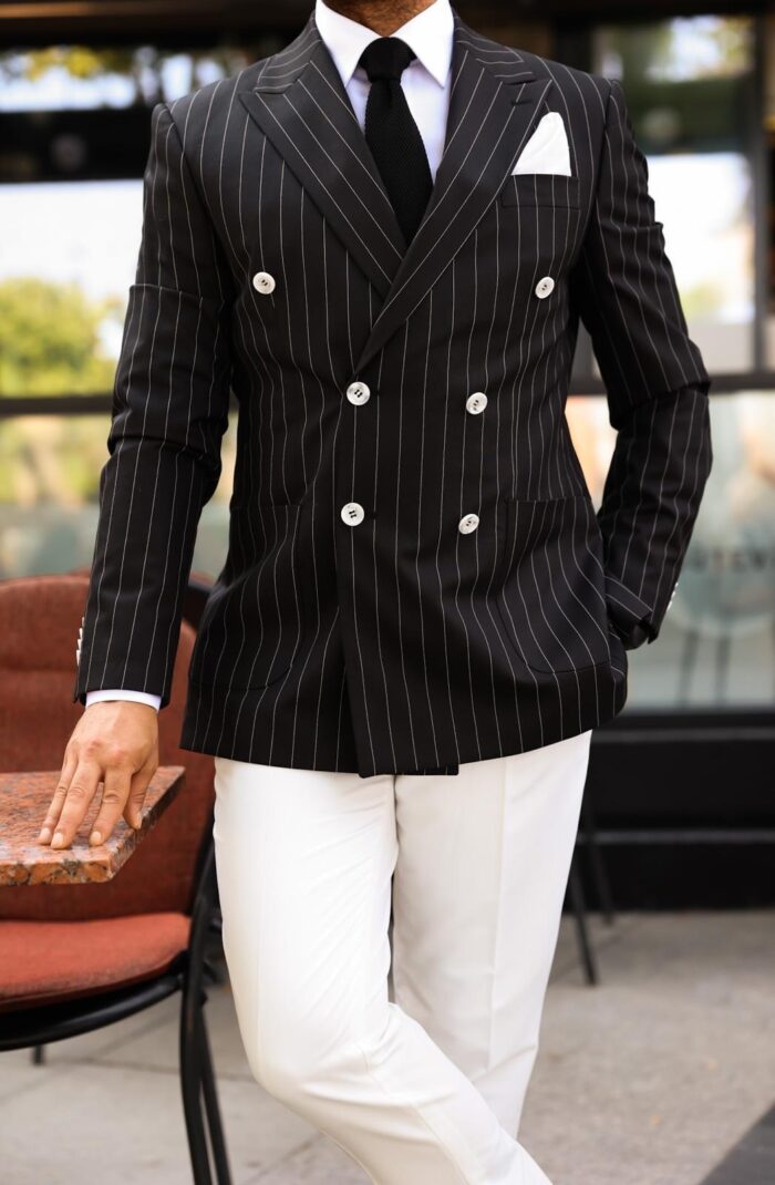 Rogate Road Slim fit double breasted black pinstriped with white trousers men’s suit with peak lapels