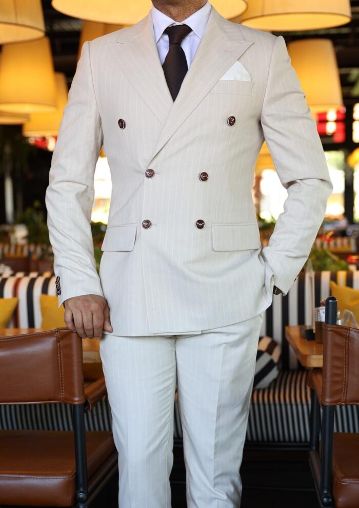 Praed Mews Tailored slim fit ecru double breasted pinstripe men’s suit with peak lapels