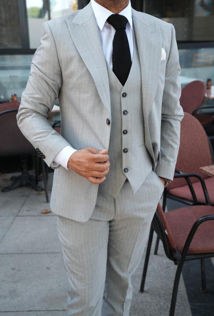 Maryon Road Slim fit light grey pinstripe three piece men’s suit with peak lapels
