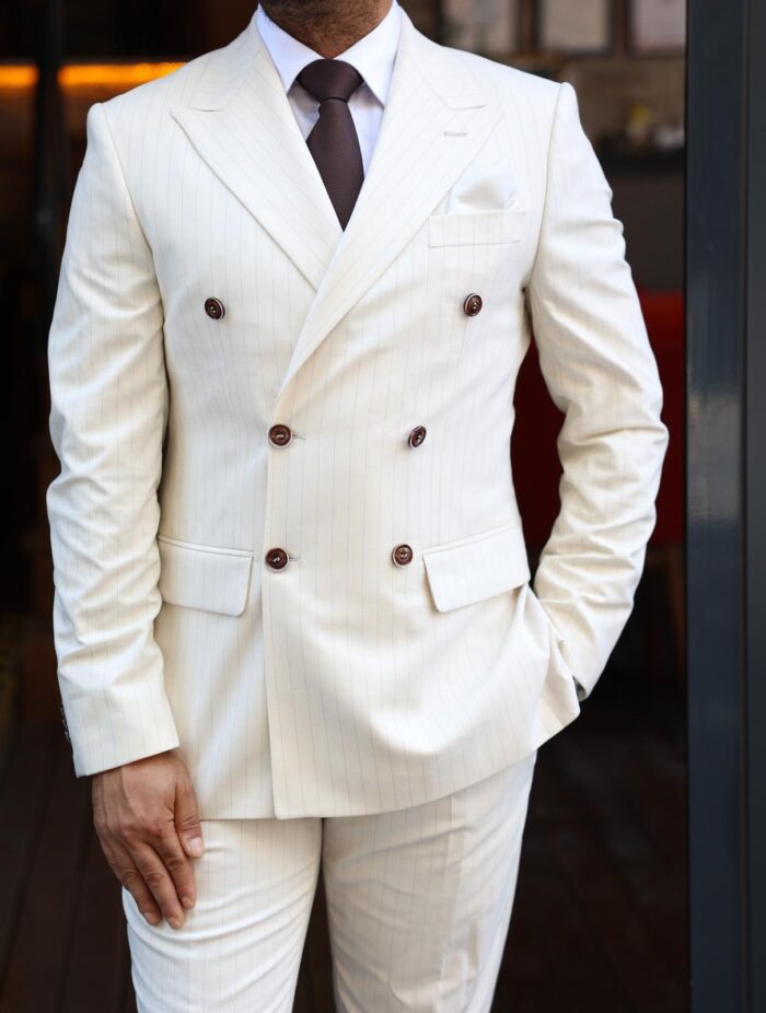 Melville Street Tailored slim fit cream double breasted  pin striped men’s suit with peak lapels