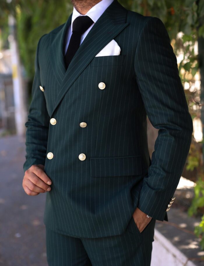 Dunelm Street Tailored slim fit pine green pinstripe double breasted men’s suit with peak lapels with decorative gold buttons