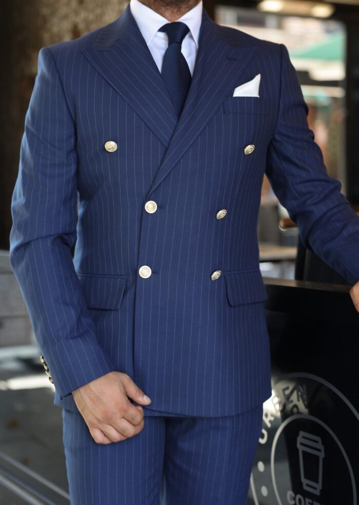 Crawford Road Tailored slim fit navy blue double breasted pin striped men’s suit with peak lapels with decorative gold buttons