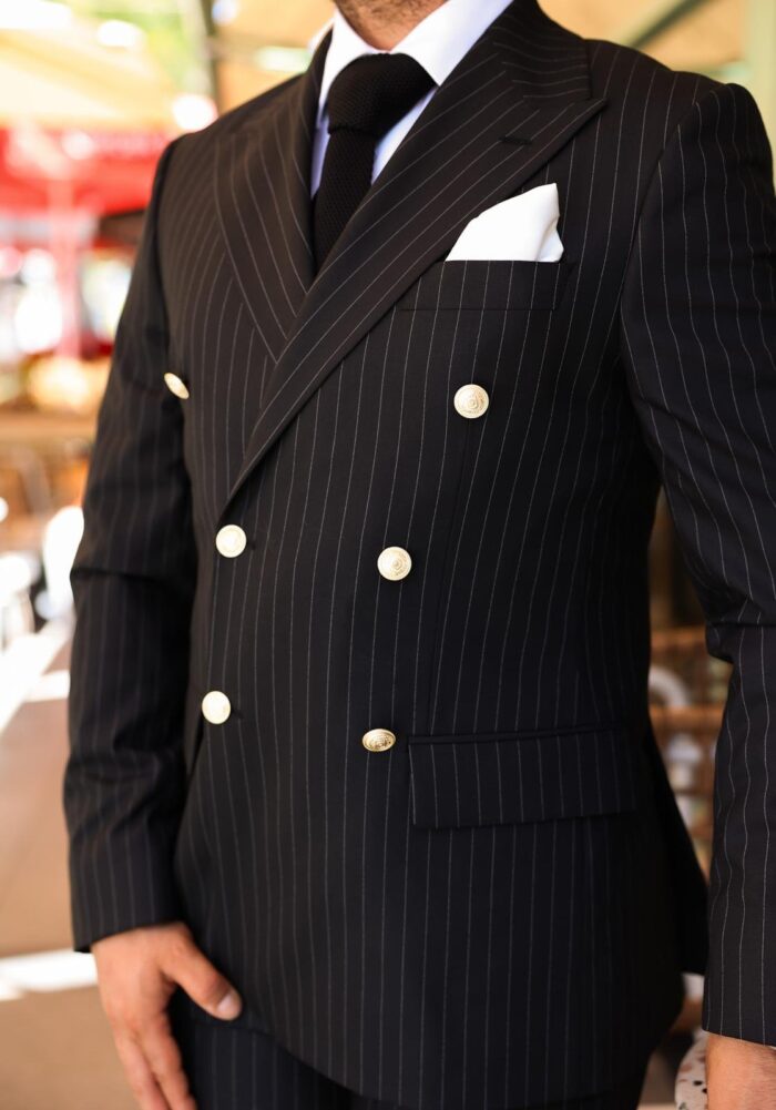 Aveline Street Tailored slim fit black double breasted pin striped men’s suit with peak lapels with decorative gold buttons