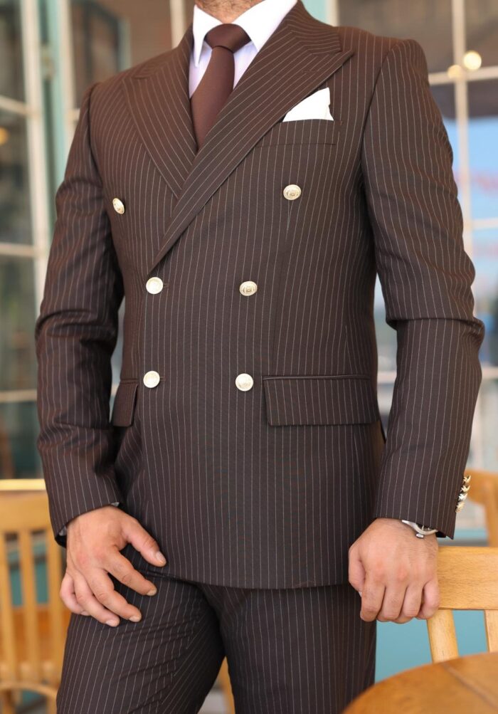 Troy Street Tailored slim fit brown double breasted pin striped men’s suit with peak lapels with decorative gold buttons