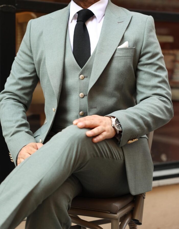 Commercial Way SLIM FIT SOFT GREEN MEN’S THREE PIECE SUIT WITH PEAK LAPELS
