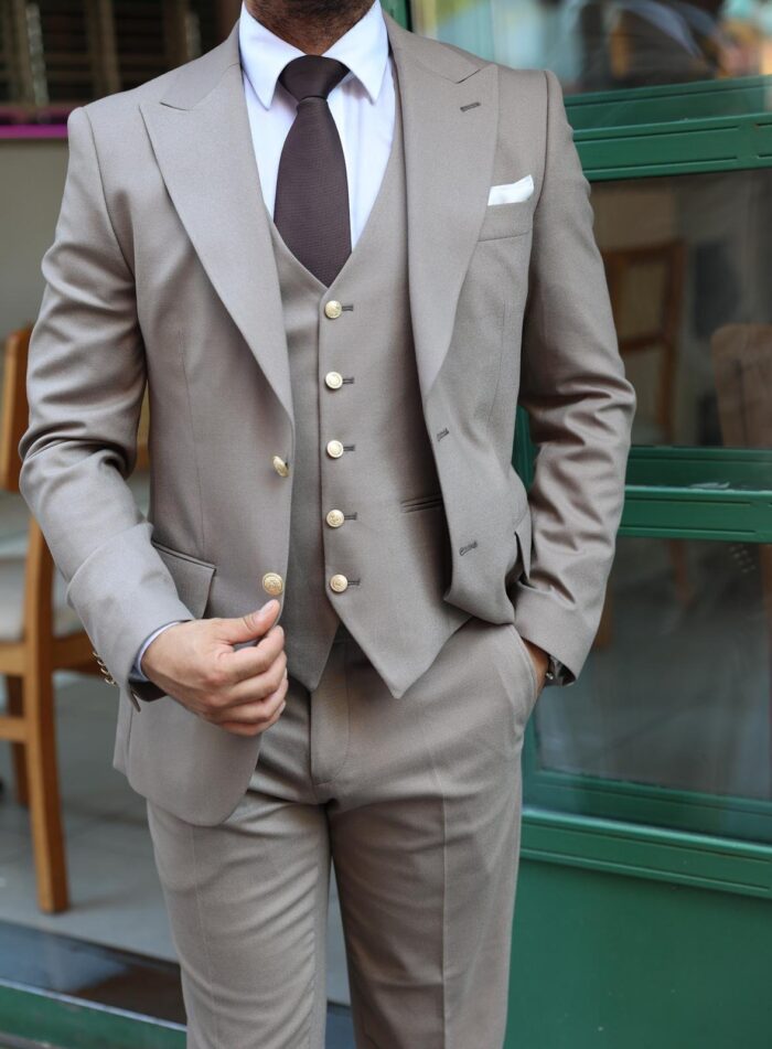 Eton College Slim fit light taupe men’s three piece suit with peak lapels