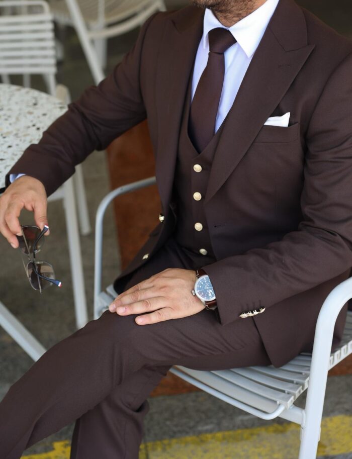 Minting Row Slim fit brown men’s three piece suit with peak lapels