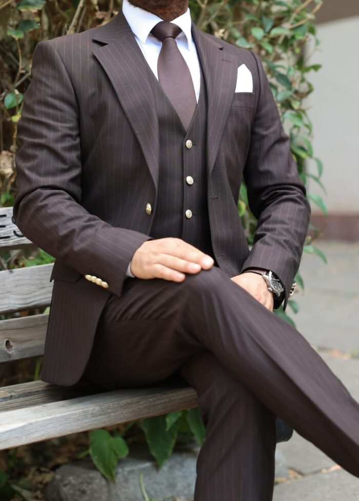 Wadham Road Slim fit brown men’s three piece suit with notch lapels and with decorative gold buttons
