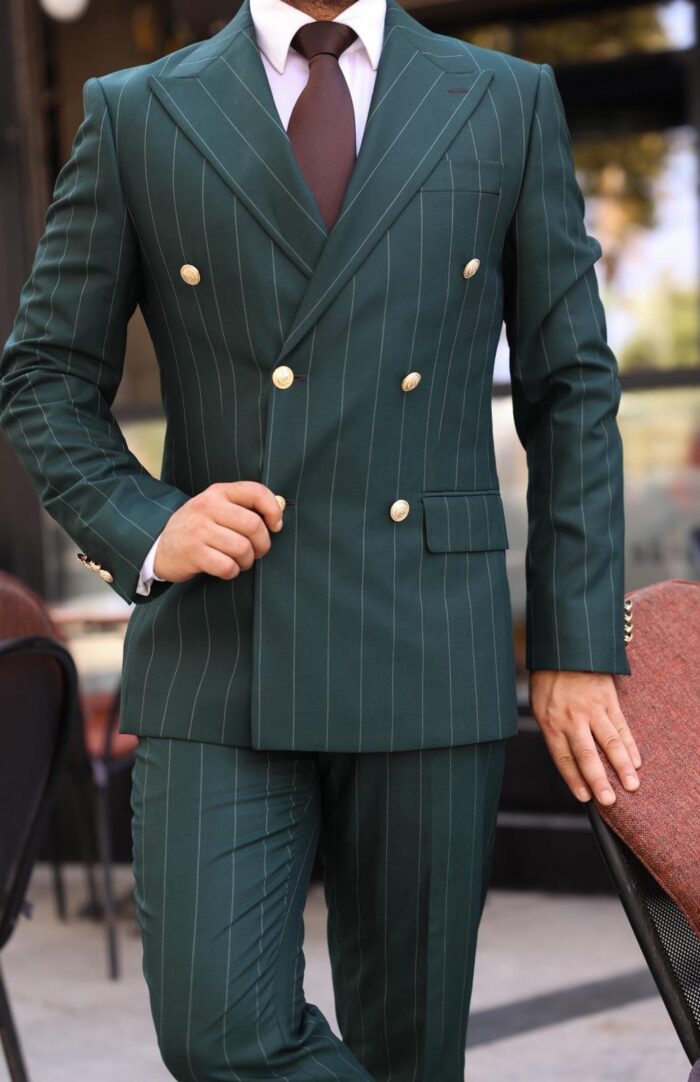 Burgh Street Tailored slim fit pine green pinstripe double breasted men’s suit with peak lapels with decorative gold buttons