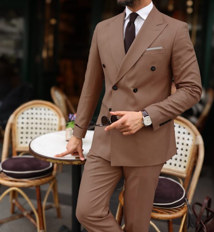 Emily Villas Latte slim fit double breasted men’s suit with peak lapels