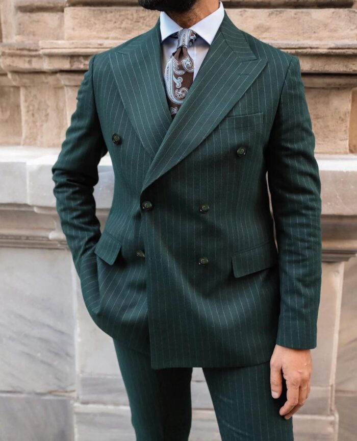 Maples Place Tailored slim fit forest green double breasted pinstripe men’s suit with peak lapels