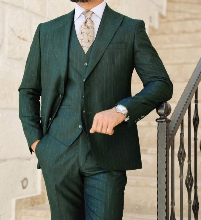 Kingsmill Terrace Tailored slim fit forest green three piece pinstripe men’s suit with peak lapels