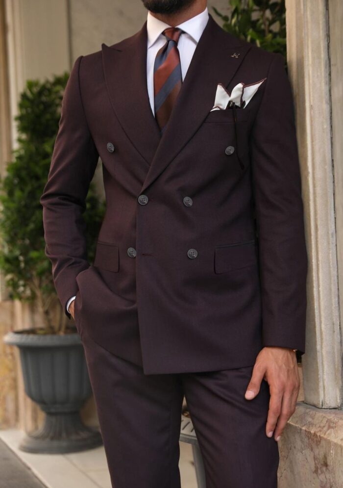Dovehouse Street Tailored slim fit burgundy double breasted men’s suit with peak lapels