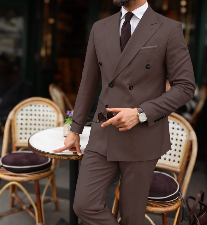 Emily Villas Latte slim fit double breasted men’s suit with peak lapels