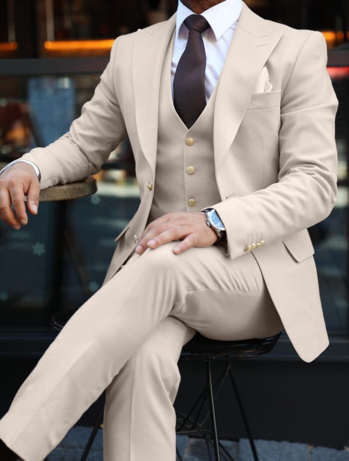 Penrose Grove Slim fit light cream men’s three piece suit with peak lapels