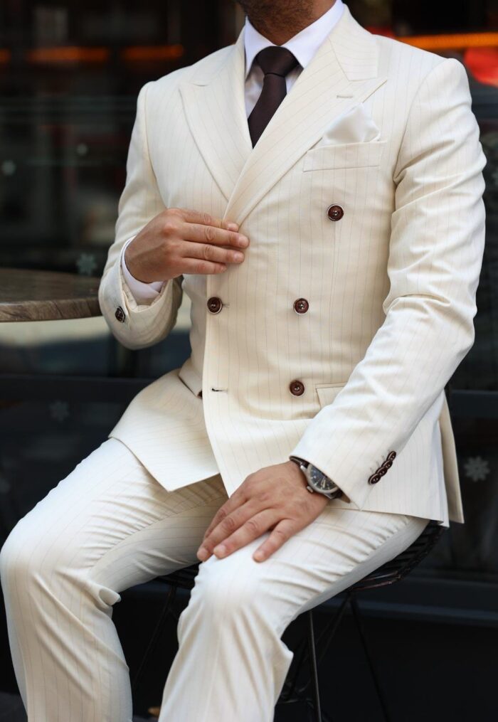 Melville Street Tailored slim fit cream double breasted  pin striped men’s suit with peak lapels