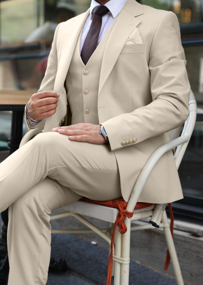 Gaskin Street Slim fit light cream men’s three piece suit with notch lapels