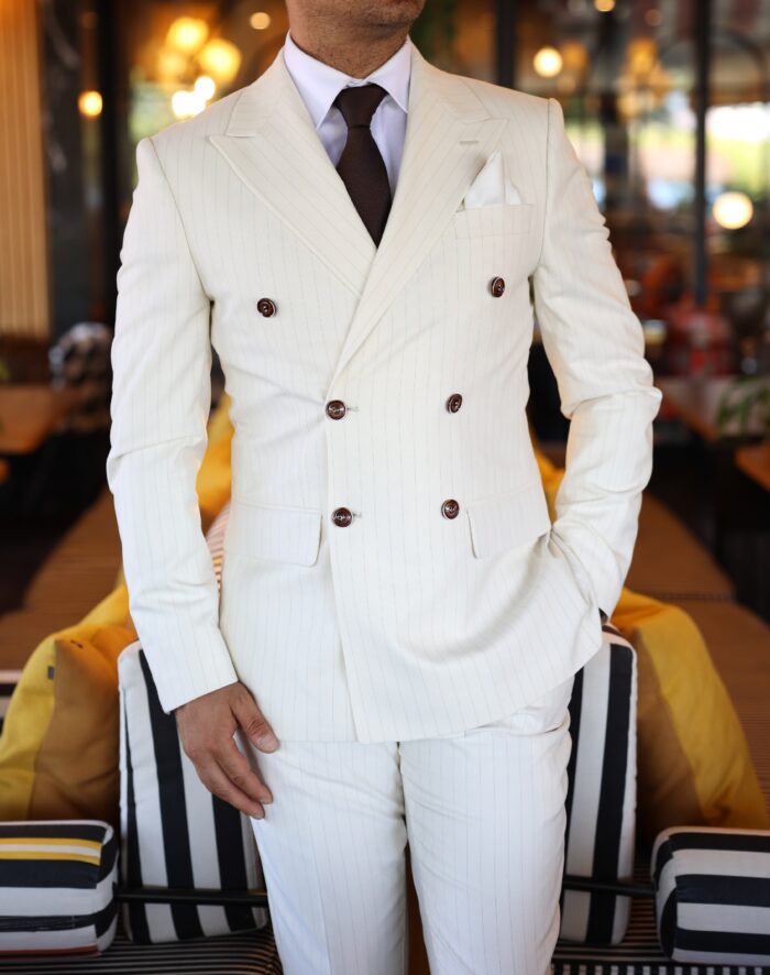 Melville Street Tailored slim fit cream double breasted  pin striped men’s suit with peak lapels