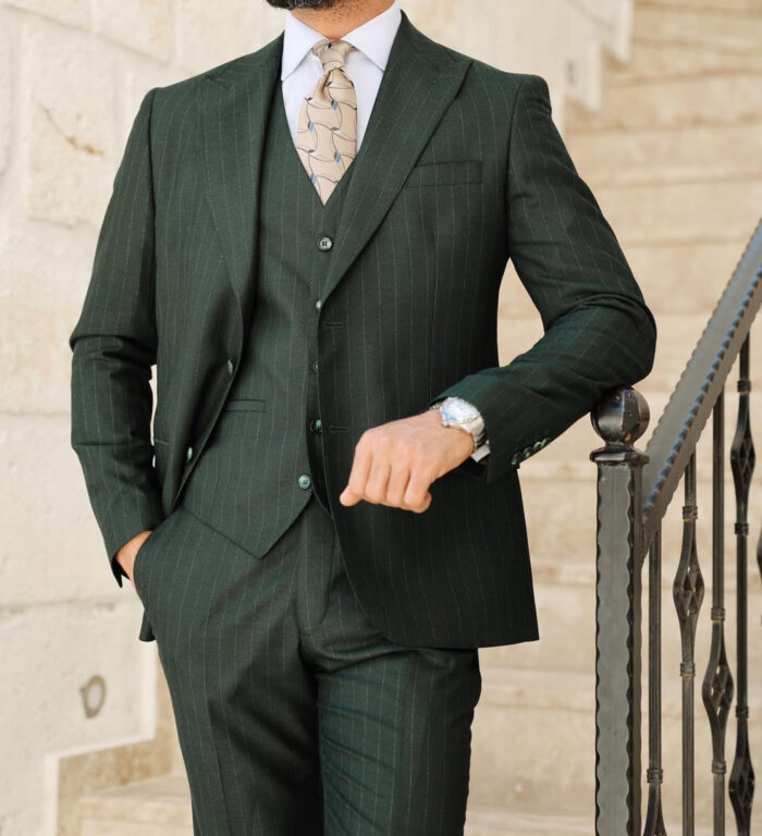 Kingsmill Terrace Tailored slim fit forest green three piece pinstripe men’s suit with peak lapels