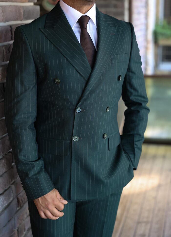 Maples Place Tailored slim fit forest green double breasted pinstripe men’s suit with peak lapels