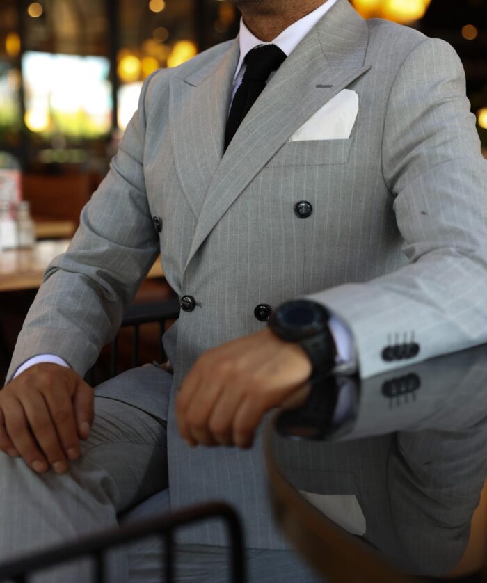 Canal View SLIM FIT GREY DOUBLE BREASTED TWO PIECE MEN’S SUIT WITH PEAK LAPELS