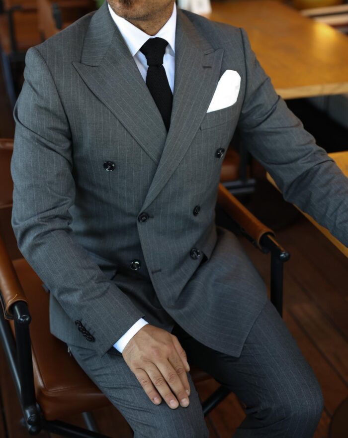 Gatonby Street Tailored slim fit dark grey with brown pin stripes men’s double breasted suit with peak lapels