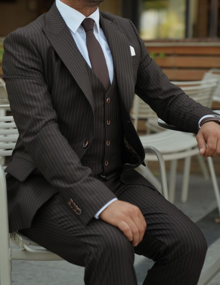Trevor Street BROWN SLIM FIT PINSTRIPED THREE PIECE MEN’S SUIT WITH PEAK LAPELS