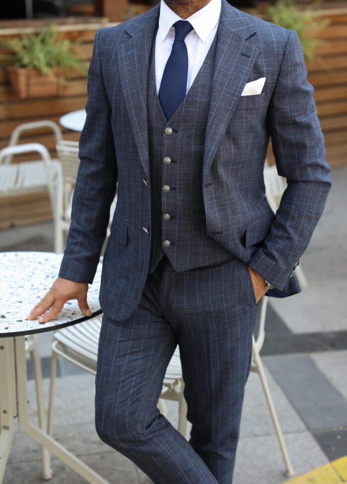 Hanson Street Slim fit navy blue men’s three piece suit with peak lapels and with decorative silver buttons