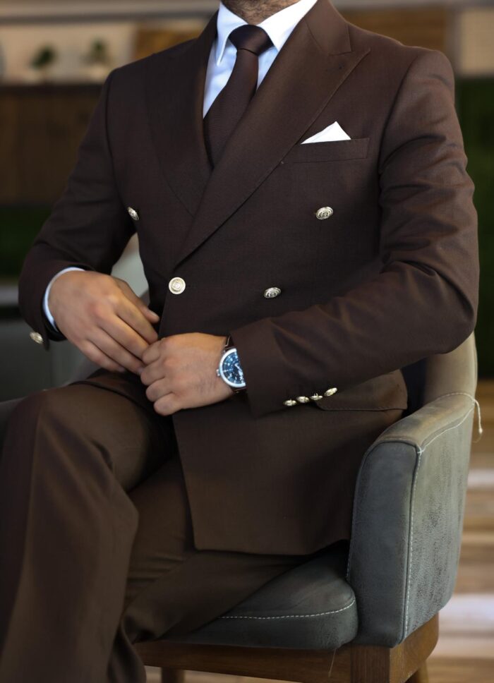 Viscount Street TAILORED SLIM FIT BROWN DOUBLE BREASTED MEN’S SUIT WITH PEAK LAPELS WITH DECORATIVE GOLD BUTTONS