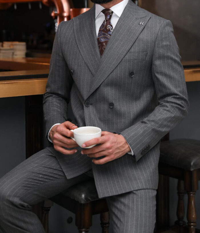 Albion Way Tailored slim fit dark grey with brown pin stripes men’s double breasted suit with peak lapels
