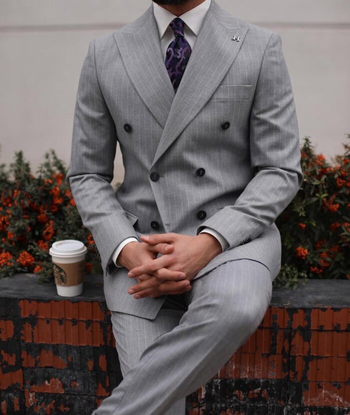Canal View SLIM FIT GREY DOUBLE BREASTED TWO PIECE MEN’S SUIT WITH PEAK LAPELS