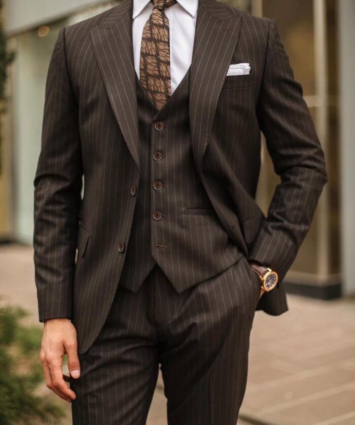 Trevor Street BROWN SLIM FIT PINSTRIPED THREE PIECE MEN’S SUIT WITH PEAK LAPELS