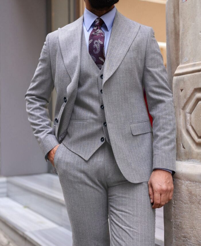Maryon Road Slim fit light grey pinstripe three piece men’s suit with peak lapels